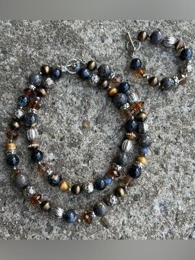 Handcrafted Gray and Amber Beaded Necklace and Bracelet Set